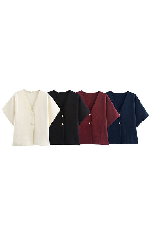 V Neck Knit Short Sleeve Tops