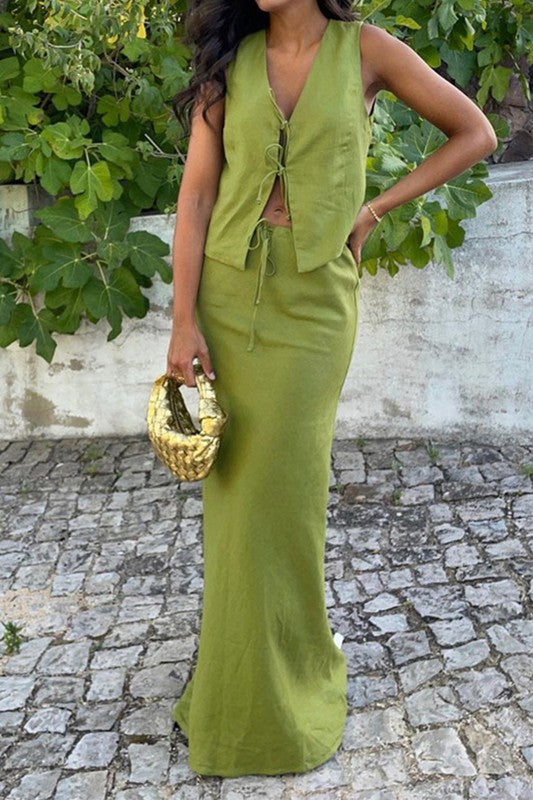 TIE FRONT SLEEVELESS VEST BODYCON SKIRT SET