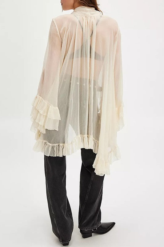 Sheer Bow-tie Ruffled Hem Blouse