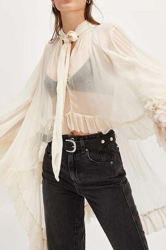 Sheer Bow-tie Ruffled Hem Blouse