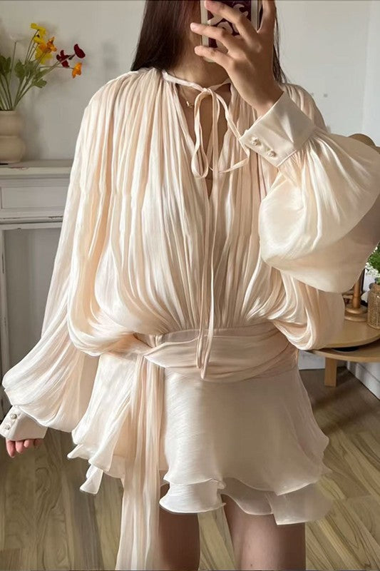 Pleated Belted Mini Dress