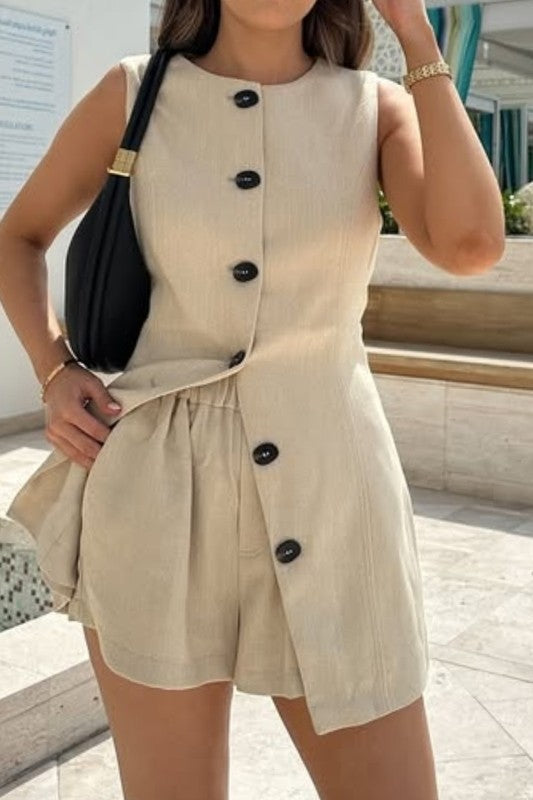 Solid Button-up Blazer Vest Short Set