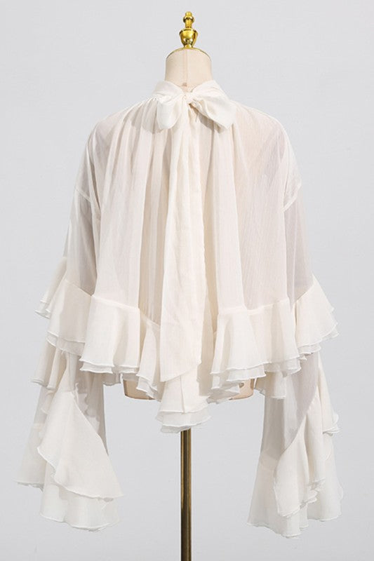 Mesh Sheer Ruffled Flare Slleves Blouse
