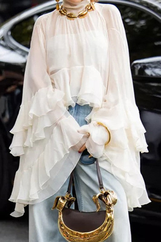 Mesh Sheer Ruffled Flare Slleves Blouse