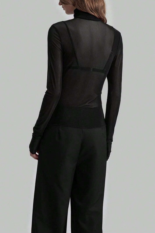 Sheer Turtleneck Long Sleeve Blouse