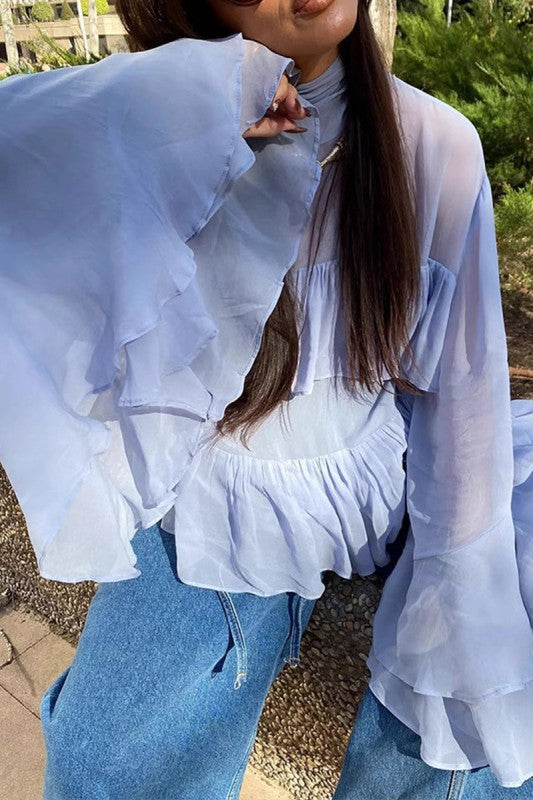 Ruffled Flared Sleeve Layered Sheer Blouse