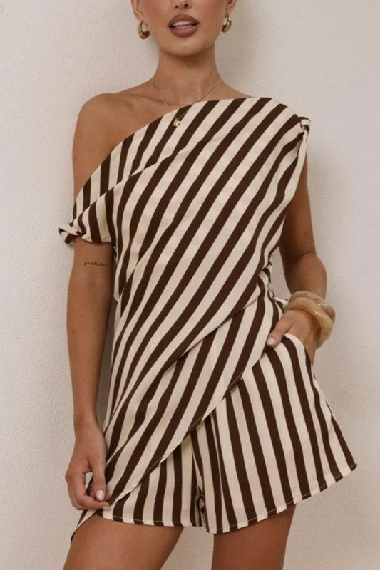 Striped Asymmetric One-shoulder Shorts Set