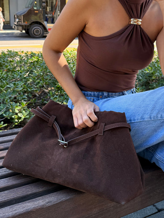 Suede Belt Buckle Decor Tote Bat Shoulder Bag