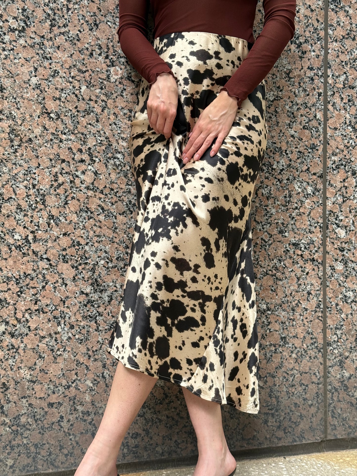 Western Animal Cow Print Satin High Waist Skirt