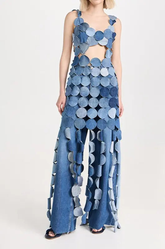 white christmas dresses Denim Circle Cutout Halter Maxi Dress