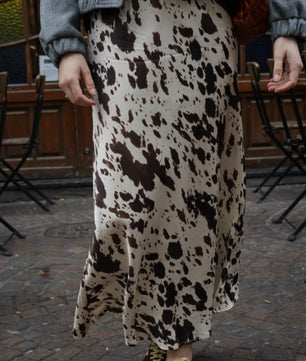 Western Animal Cow Print Satin High Waist Skirt