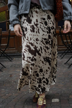 Western Animal Cow Print Satin High Waist Skirt