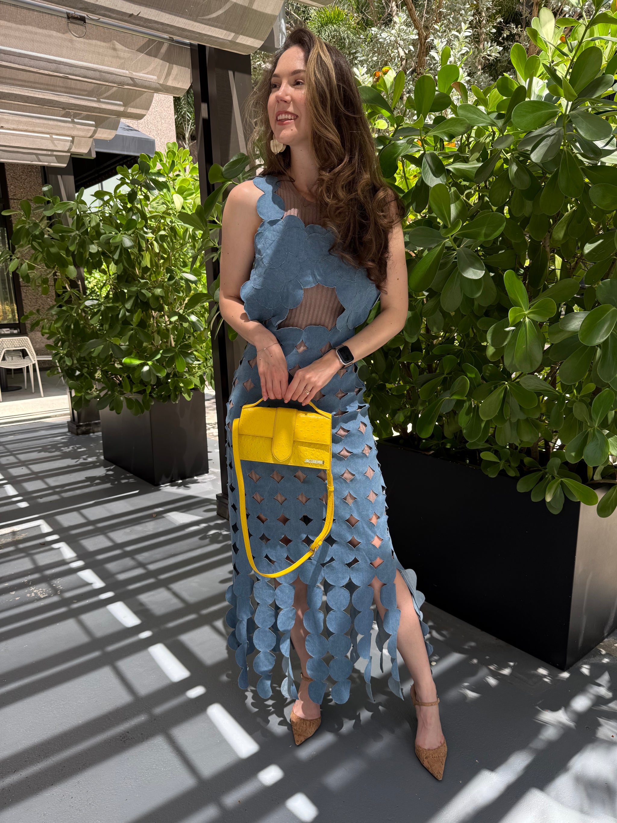 Denim Circle Cutout Halter Maxi Dress