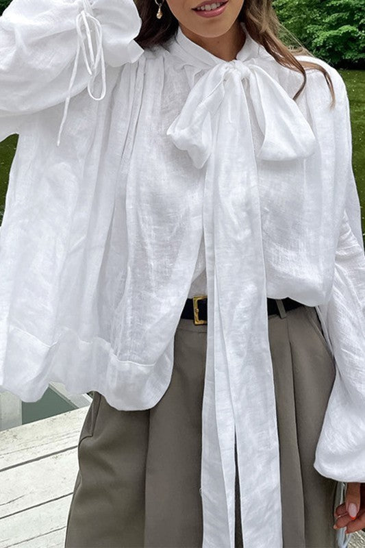 COTTON BOW TIE FLOWY BLOUSE
