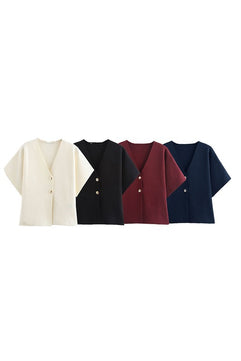 V Neck Knit Short Sleeve Tops