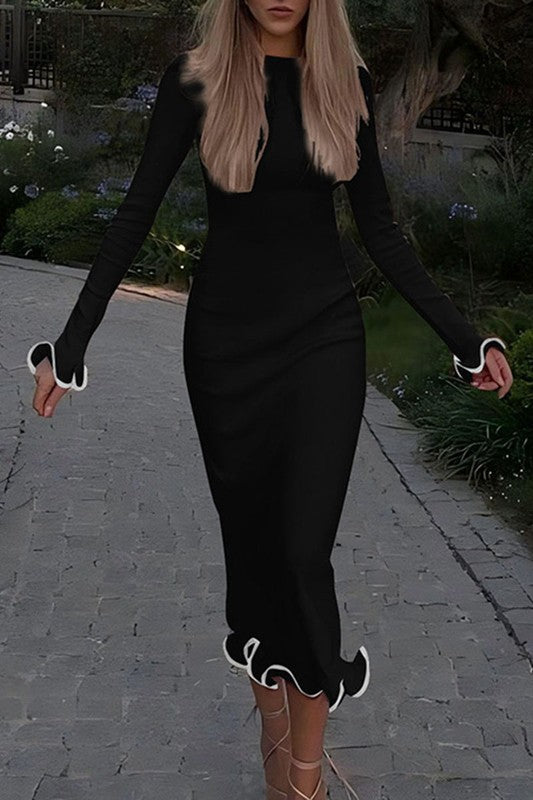 Long Sleeve Bodycon Maxi Dress With Flared Hem