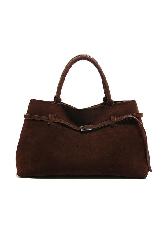 Suede Belt Buckle Decor Tote Bat Shoulder Bag