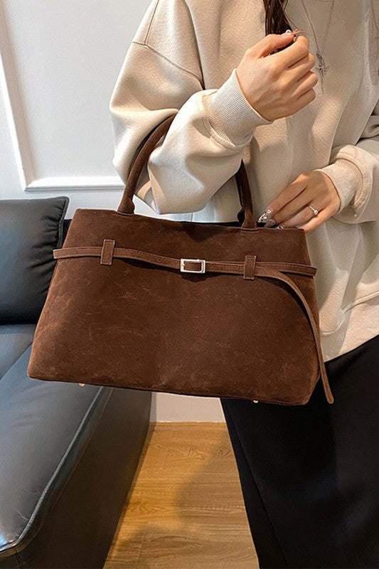 Suede Belt Buckle Decor Tote Bat Shoulder Bag