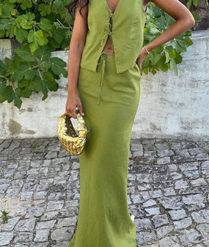 TIE FRONT SLEEVELESS VEST BODYCON SKIRT SET