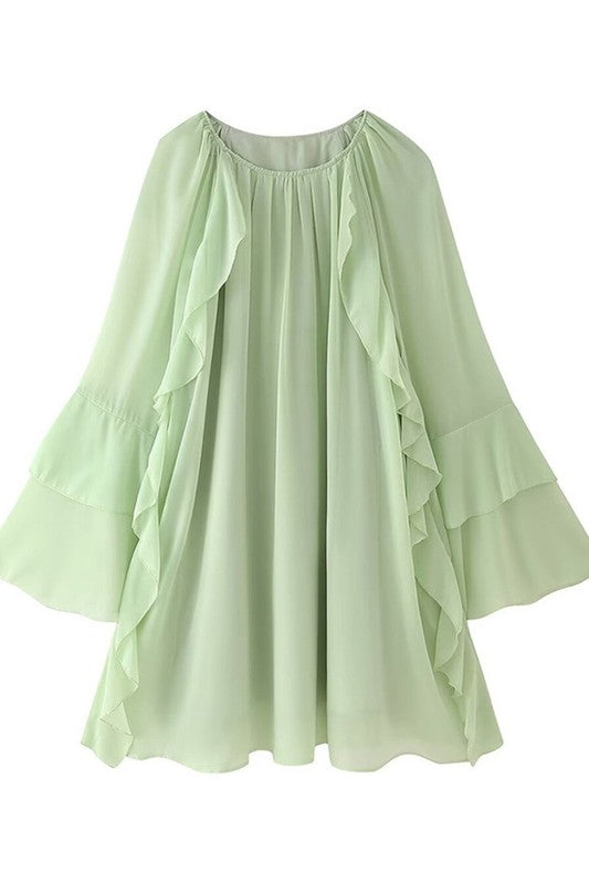 LAYERED RUFFLED FLARE SLEEVES DRESS