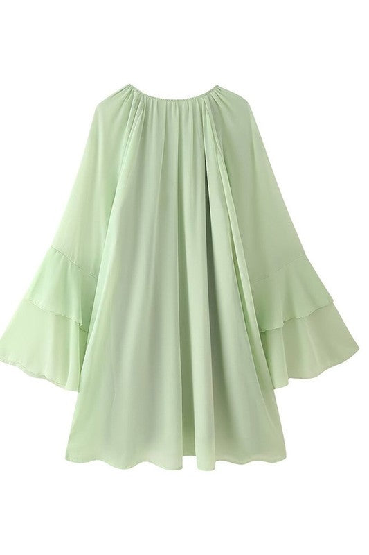 LAYERED RUFFLED FLARE SLEEVES DRESS