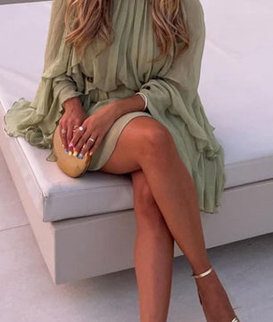 LAYERED RUFFLED FLARE SLEEVES DRESS