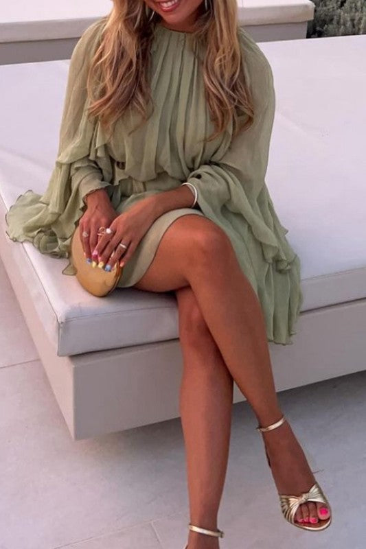 LAYERED RUFFLED FLARE SLEEVES DRESS