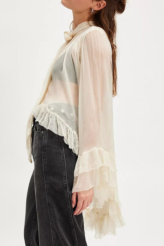 Sheer Bow-tie Ruffled Hem Blouse