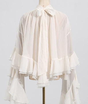 Mesh Sheer Ruffled Flare Slleves Blouse