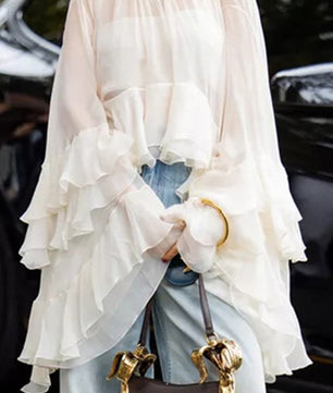 Mesh Sheer Ruffled Flare Slleves Blouse