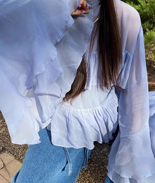 Ruffled Flared Sleeve Layered Sheer Blouse
