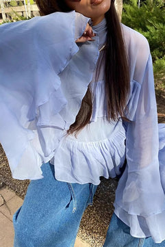 Ruffled Flared Sleeve Layered Sheer Blouse