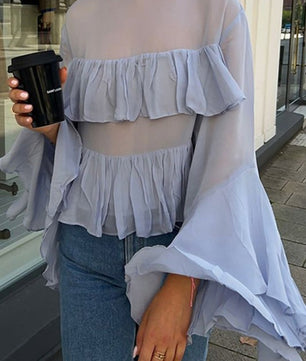 Ruffled Flared Sleeve Layered Sheer Blouse