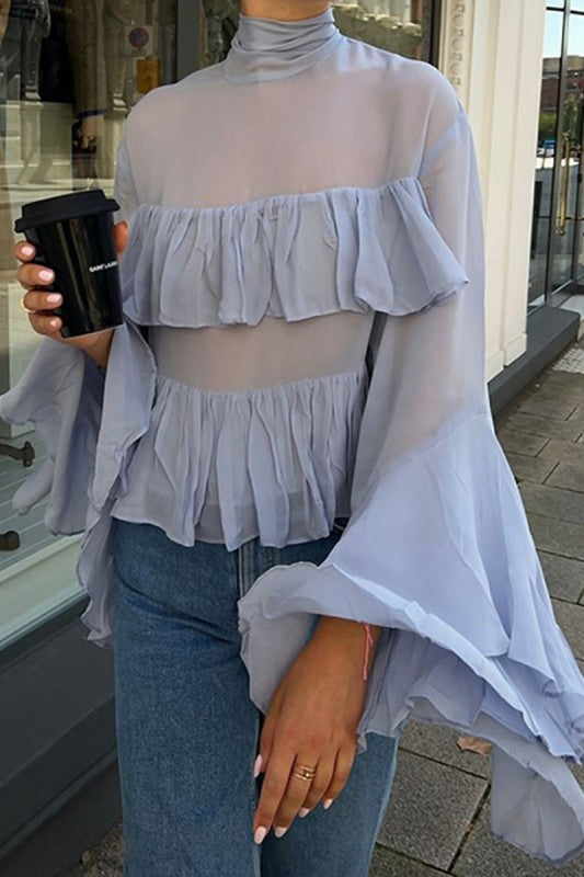 Ruffled Flared Sleeve Layered Sheer Blouse