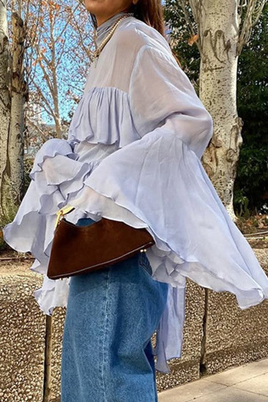 Ruffled Flared Sleeve Layered Sheer Blouse