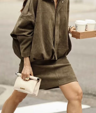 Suede Batwing Sleeves Zipper Flight Jacket