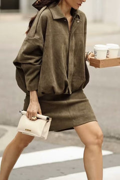 Suede Batwing Sleeves Zipper Flight Jacket