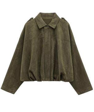 Suede Batwing Sleeves Zipper Flight Jacket