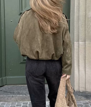 Suede Batwing Sleeves Zipper Flight Jacket