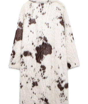 Color block Animal Cow Print Faux Fur Plush Coat