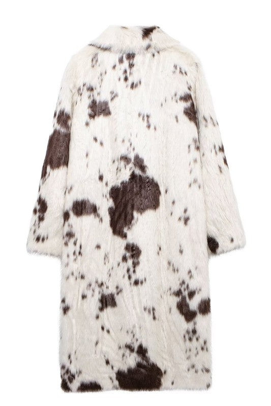 Color block Animal Cow Print Faux Fur Plush Coat