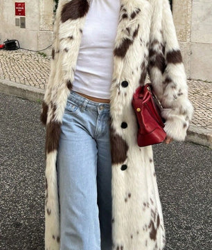 Color block Animal Cow Print Faux Fur Plush Coat