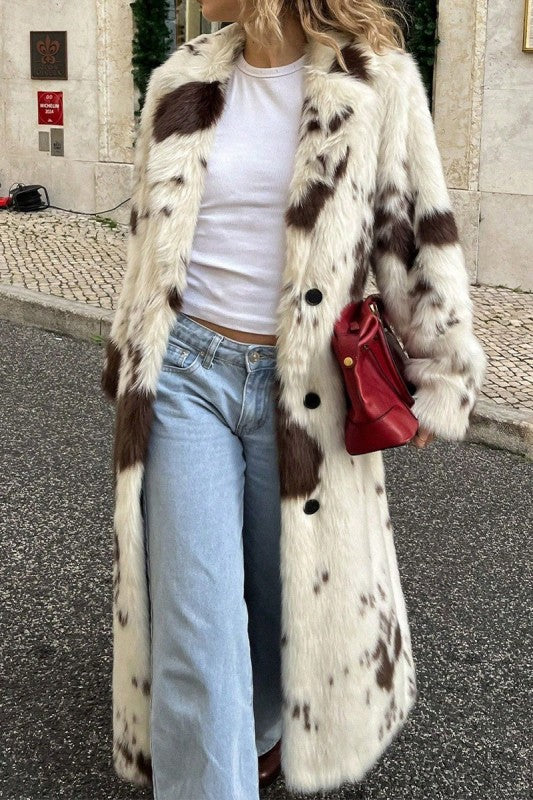 Color block Animal Cow Print Faux Fur Plush Coat