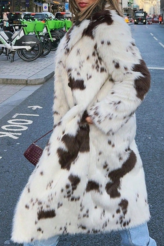 Color block Animal Cow Print Faux Fur Plush Coat