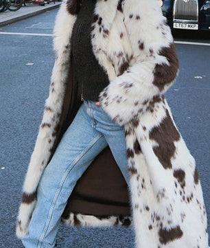 Color block Animal Cow Print Faux Fur Plush Coat
