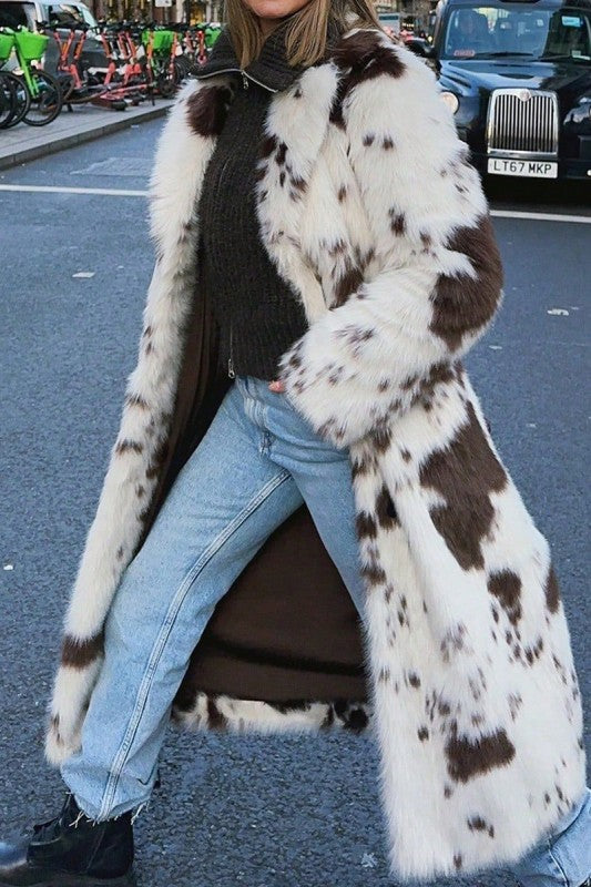 Color block Animal Cow Print Faux Fur Plush Coat