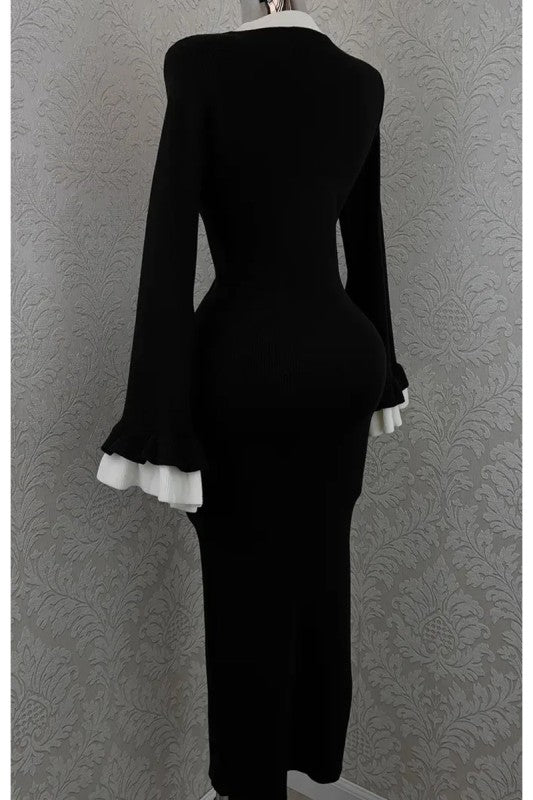 Contrast Flared Sleeve V-neck Knit Dress