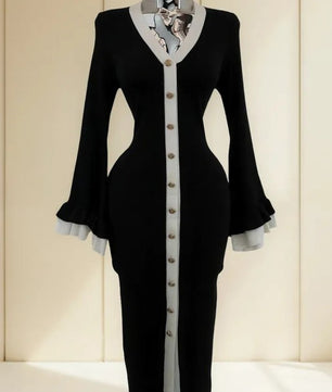 Contrast Flared Sleeve V-neck Knit Dress