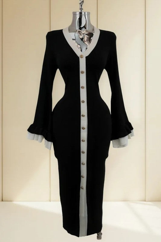 Contrast Flared Sleeve V-neck Knit Dress