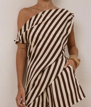 Striped Asymmetric One-shoulder Shorts Set